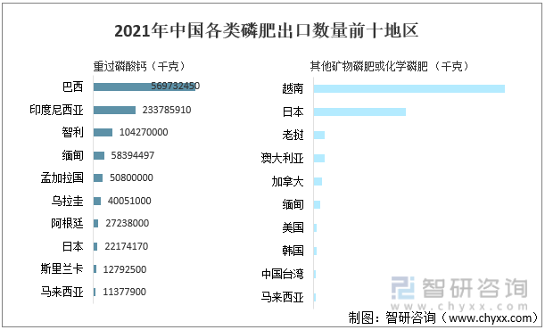 2021年中国各类磷肥出口数量前十地区