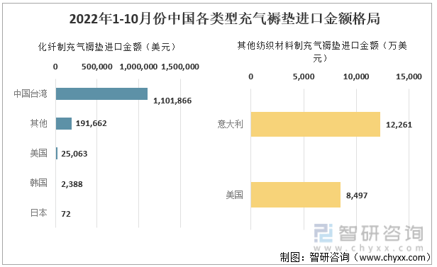 2022年1-10月份中国各类型充气褥垫进口金额格局