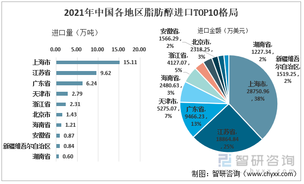 2021年中国各地区脂肪醇进口TOP10地区格局