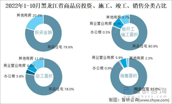 2022年1-10月黑龙江省商品房投资、施工、竣工、销售分类占比