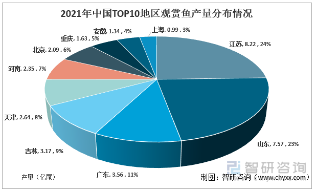 2021年中国TOP10地区观赏鱼产量的分布情况
