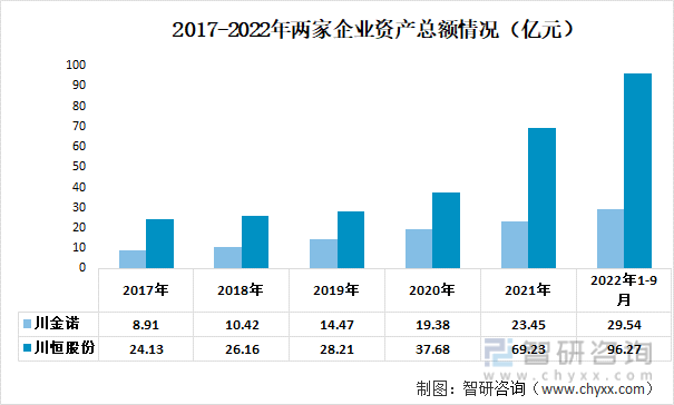 2017-2022年两家企业资产总额情况（亿元）