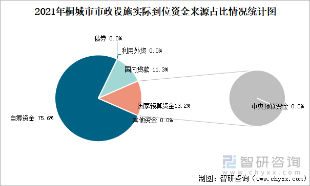 2021年桐城市市政设施实际到位资金来源占比情况统计图