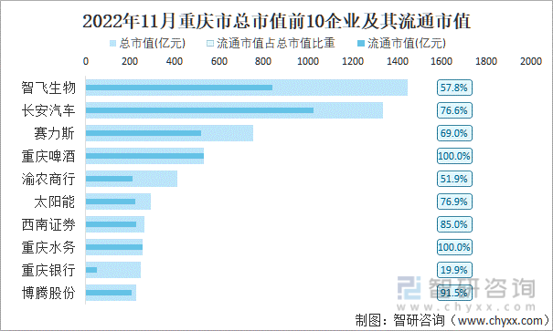 2022年11月重庆市A股上市总市值前10强企业及其流通市值