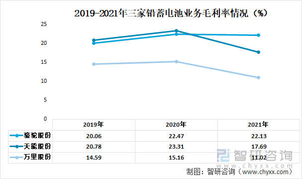 2019-2021年三家铅蓄电池业务毛利率情况（%）