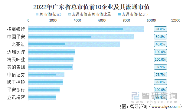 2022年广东省A股上市总市值前10强企业及其流通市值