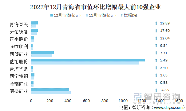 2022年12月青海省A股上市企业市值环比增幅最大前10强企业