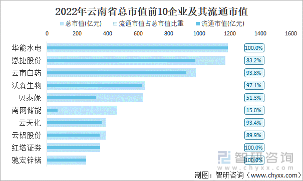 2022年云南省A股上市总市值前10强企业及其流通市值
