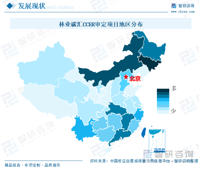从地区分布来看，97个林业碳汇CCER审定项目分布在23个省市，其中吉林、内蒙古、黑龙江、湖北、广东等地凭借丰富森林资源成为林业碳汇CCER审定项目主要聚集地。15个备案项目则分布在广东省、北京市等8个地区，其中广东有3个、内蒙古3个、河北3个、黑龙江2个、北京1个、江西1个、湖北1个、云南1个。