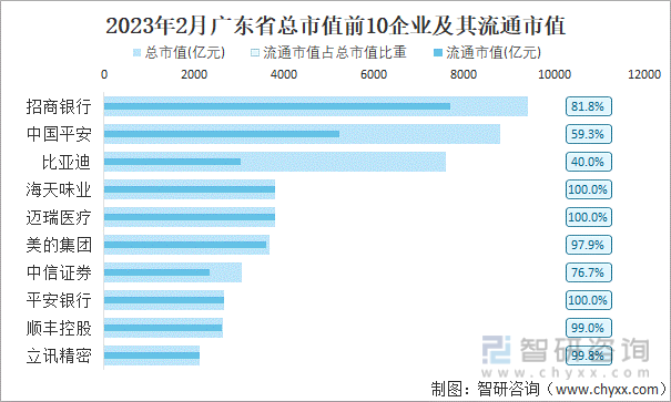 2023年2月广东省总市值前10企业及其流通市值