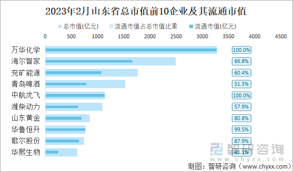 2023年2月山东省总市值前10企业及其流通市值