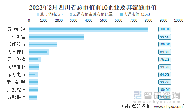 2023年2月四川省总市值前10企业及其流通市值