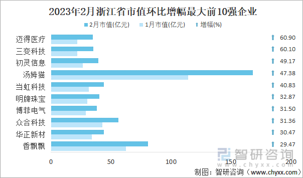2023年2月浙江省市值环比增幅最大前10强企业