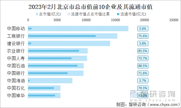 2023年2月北京市总市值前10企业及其流通市值