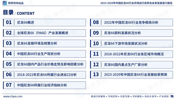 本《报告》从2022年全国尼龙66行业发展环境、行业生产现状、国内外基本情况、细分市场、区域市场、竞争格局等角度进行入手，系统、客观的对我国尼龙66行业发展运行进行了深度剖析，展望2023年中国尼龙66行业发展趋势。《报告》是系统分析2022年度中国尼龙66行业发展状况的著作，对于全面了解中国尼龙66行业的发展状况、开展与尼龙66行业发展相关的学术研究和实践，具有重要的借鉴价值，可供从事尼龙66行业相关的政府部门、科研机构、产业企业等相关人员阅读参考。