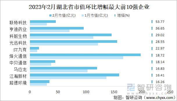2023年2月湖北省市值环比增幅最大前10强企业