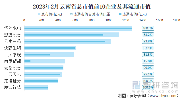 2023年2月云南省总市值前10企业及其流通市值