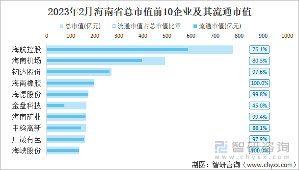 2023年2月海南省总市值前10企业及其流通市值