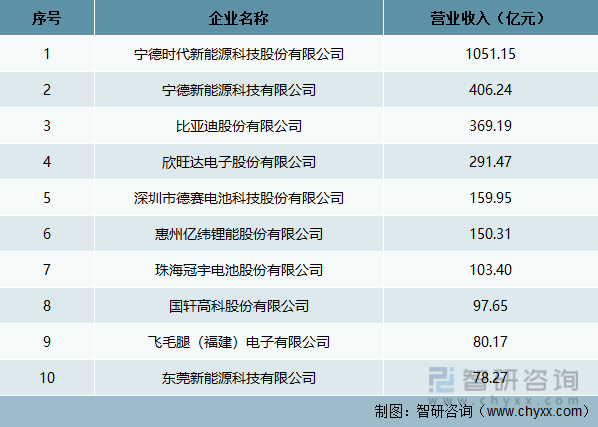 2021年中国锂离子电池企业营业收入前10名单