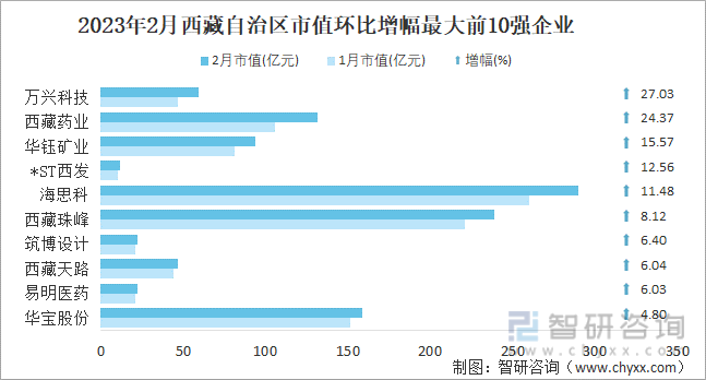 2023年2月西藏自治区市值环比增幅最大前10强企业