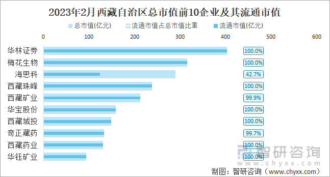 2023年2月西藏自治区总市值前10企业及其流通市值