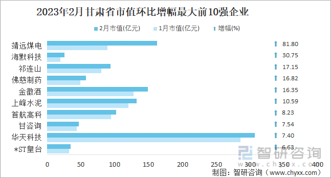 2023年2月甘肃省市值环比增幅最大前10强企业