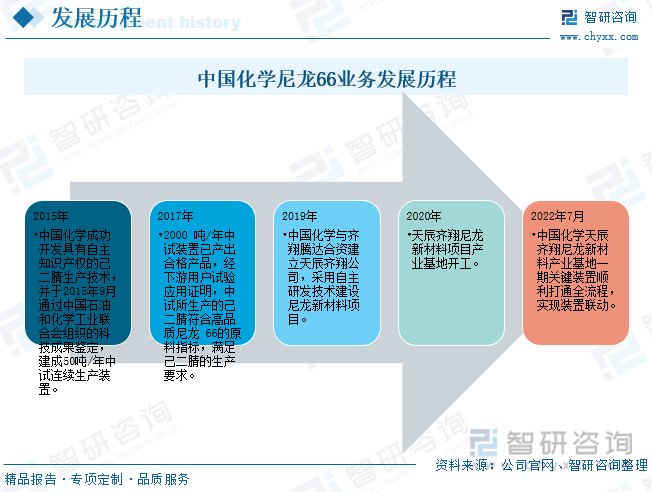 中国化学成立于2008年9月，并于2010年1月在上海证券交易所成功上市。公司是我国石油和化学工业体系建设的“国家队”，在基础化工、石油化工、煤化工等领域具备绝对领先优势。凭借技术实力及全面的业务资质，公司在研发生产尼龙66上具有较大优势。从尼龙66业务发展历程看，2015年，中国化学成功开发具有自主知识产权的己二腈生产技术，并于2015年9月通过中国石油和化学工业联合会组织的科技成果鉴定，建成50吨/年中试连续生产装置，在尼龙66上游原材料领域取得重大突破。2019年中国化学与齐翔腾达合资建立天辰齐翔公司，采用自主研发技术建设尼龙新材料项目，开始布局尼龙66领域。项目规划建设50万吨己二胺、50 万吨己二腈及配套尼龙项目，其中一期项目以丁二烯为主要原料，生产20万吨/年己二腈、己二胺、尼龙66盐及切片等产品，项目将于2020年5月开工。2022年7月，中国化学天辰齐翔尼龙新材料产业基地一期关键装置顺利打通全流程，实现装置联动，成功打通尼龙66生产全产业链。本次尼龙66装置投产成功，标志中国化学天辰齐翔尼龙新材料产业基地一期项目完整产业链体系全面形成，为高端尼龙新材料产业集群发展奠定坚实基础。
