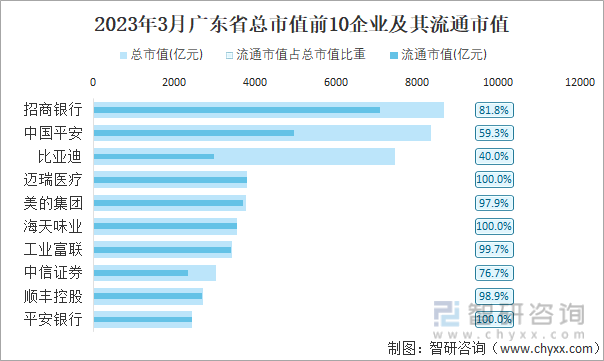 2023年3月广东省总市值前10企业及其流通市值
