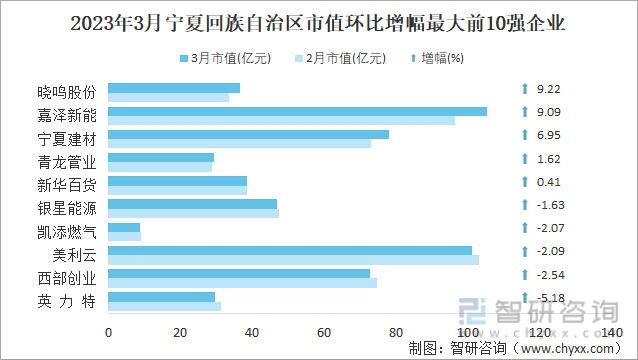 2023年3月宁夏回族自治区市值环比增幅最大前10强企业