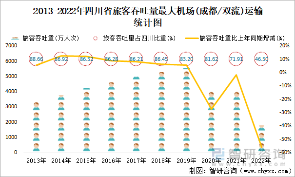 2013-2022年四川省旅客吞吐量最大机场(成都/双流)运输统计图