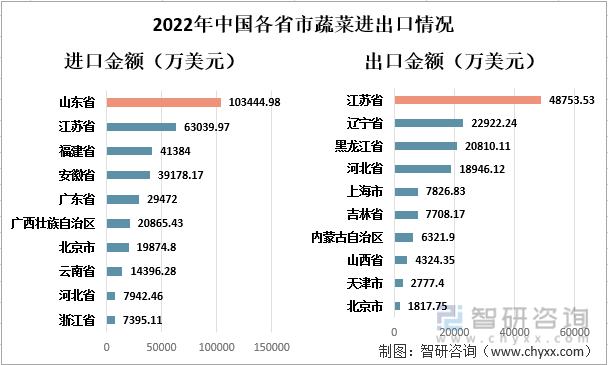 2022年中国各省市蔬菜进出口情况