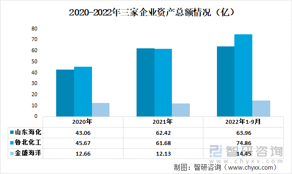 2020-2022年三家企业资产总额情况（亿）