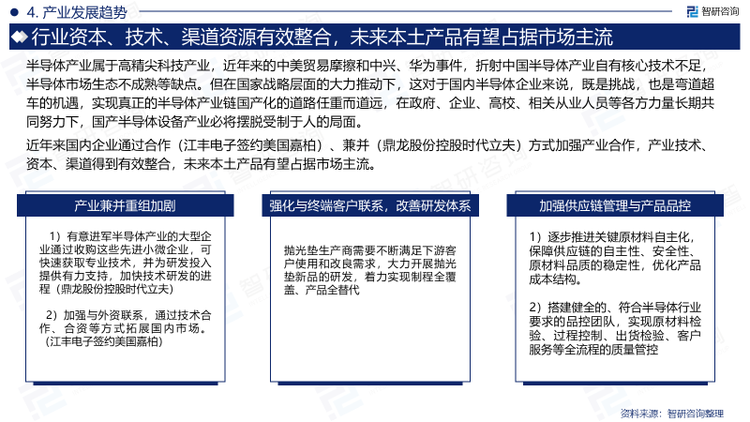 近年来国内企业通过合作（江丰电子签约美国嘉柏）、兼并（鼎龙股份控股时代立夫）方式加强产业合作，产业技术、资本、渠道得到有效整合，未来本土产品有望占据市场主流。