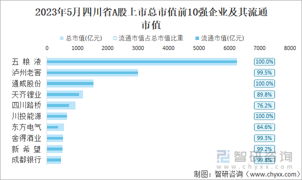 2023年5月四川省A股上市总市值前10强企业及其流通市值