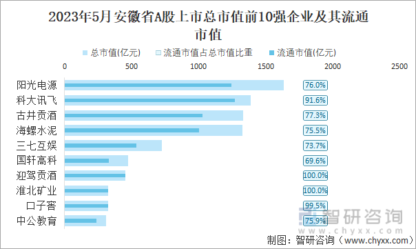 2023年5月安徽省A股上市总市值前10强企业及其流通市值