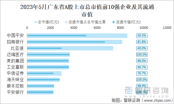 2023年5月广东省A股上市总市值前10强企业及其流通市值