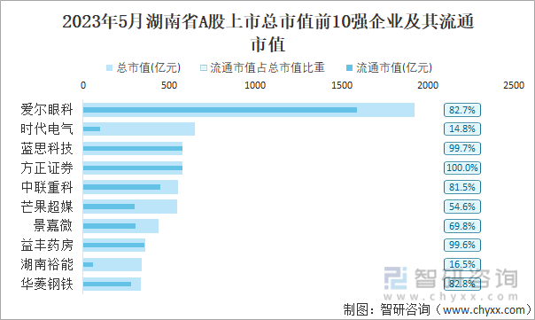 2023年5月湖南省A股上市总市值前10强企业及其流通市值