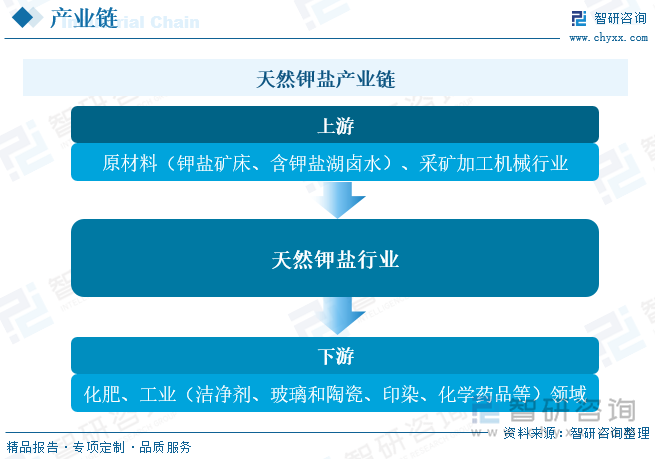 天然钾盐行业的上游主要为原材料（钾盐矿床、含钾盐湖卤水）和采矿加工机械产业，上游行业的技术开发能力和加工水平将直接影响到天然钾盐企业原材料或半成品的质量，乃至整体最终产品的质量、成本和使用效果。天然钾盐行业下游细分行业主要是化肥和工业领域（洁净剂、玻璃和陶瓷、印染、化学药品等），其受国家政策、居民收入水平、技术研究发展趋势和自身的经营状况的影响，决定了天然钾盐下游行业的景气程度、市场容量与技术发展方向。