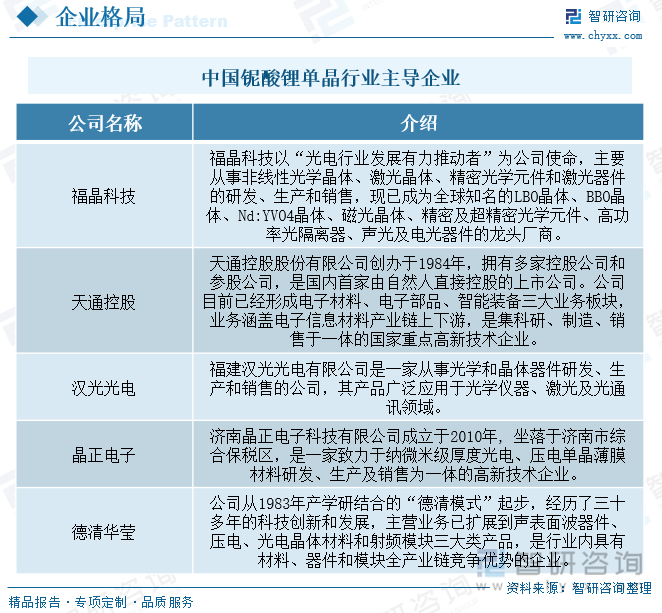 中国铌酸锂单晶行业主要企业有福建福晶科技股份有限公司、天通控股股份有限公司、福建汉光光电有限公司、济南晶正电子科技有限公司、中电科技德清华莹电子有限公司等。铌酸锂单晶行业内领先企业具有技术研发优势，随着下游应用商的需求趋向严格，不具备研发优势的铌酸锂单晶生产企业将会被淘汰，使得铌酸锂单晶市场份额不断向领先企业倾斜，推动市场进一步整合，优化生产企业结构。