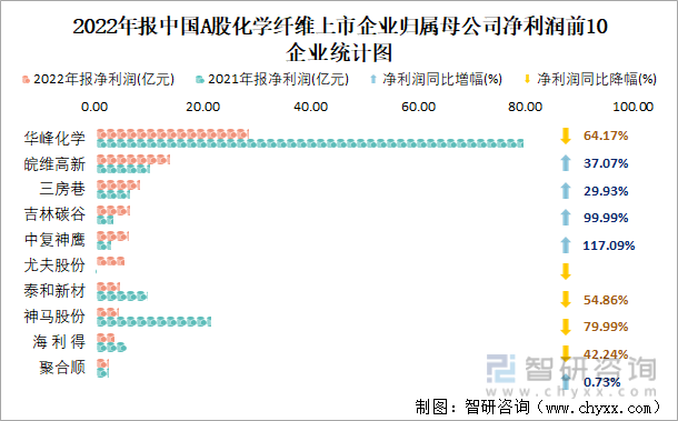 2022年报中国A股化学纤维上市企业归属母公司净利润前10企业统计图
