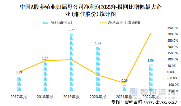 中国A股养殖业归属母公司净利润2022年报同比增幅最大企业(湘佳股份)统计图
