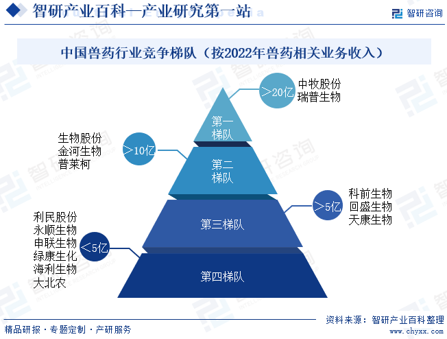 中国兽药行业竞争梯队（按2022年兽药相关业务收入）
