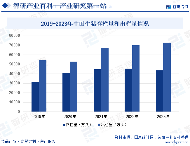 2019-2023年中国生猪存栏量和出栏量情况