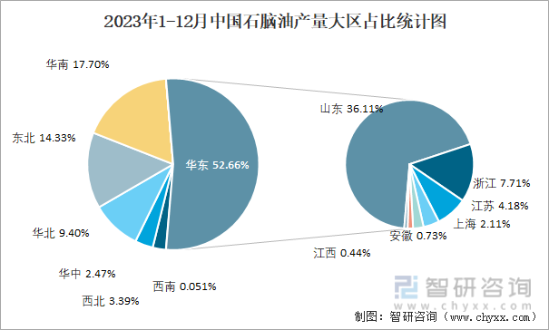 2023年1-12月中国石脑油产量大区占比统计图