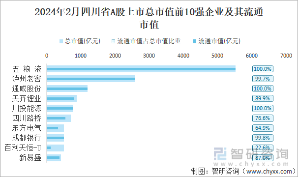 2024年2月四川省A股上市总市值前10强企业及其流通市值