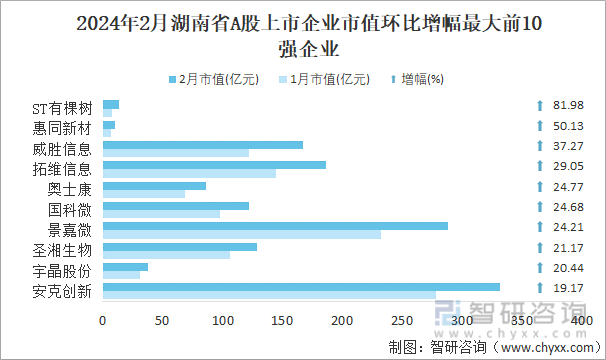 2024年2月湖南省A股上市企业市值环比增幅最大前10强企业