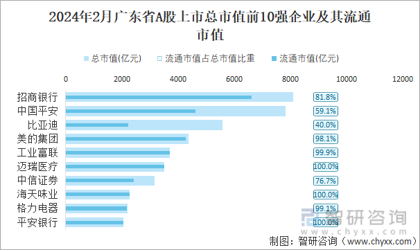 2024年2月广东省A股上市总市值前10强企业及其流通市值