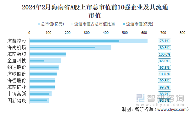 2024年2月海南省A股上市总市值前10强企业及其流通市值
