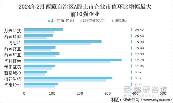 2024年2月西藏自治区A股上市企业市值环比增幅最大前10强企业