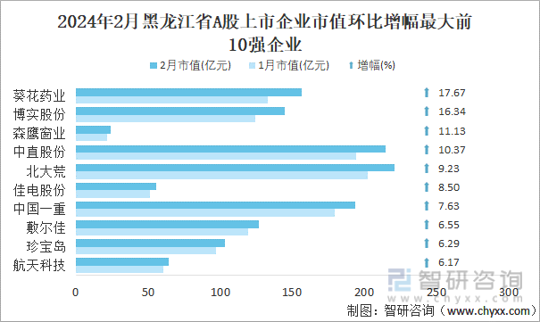 2024年2月黑龙江省A股上市企业市值环比增幅最大前10强企业